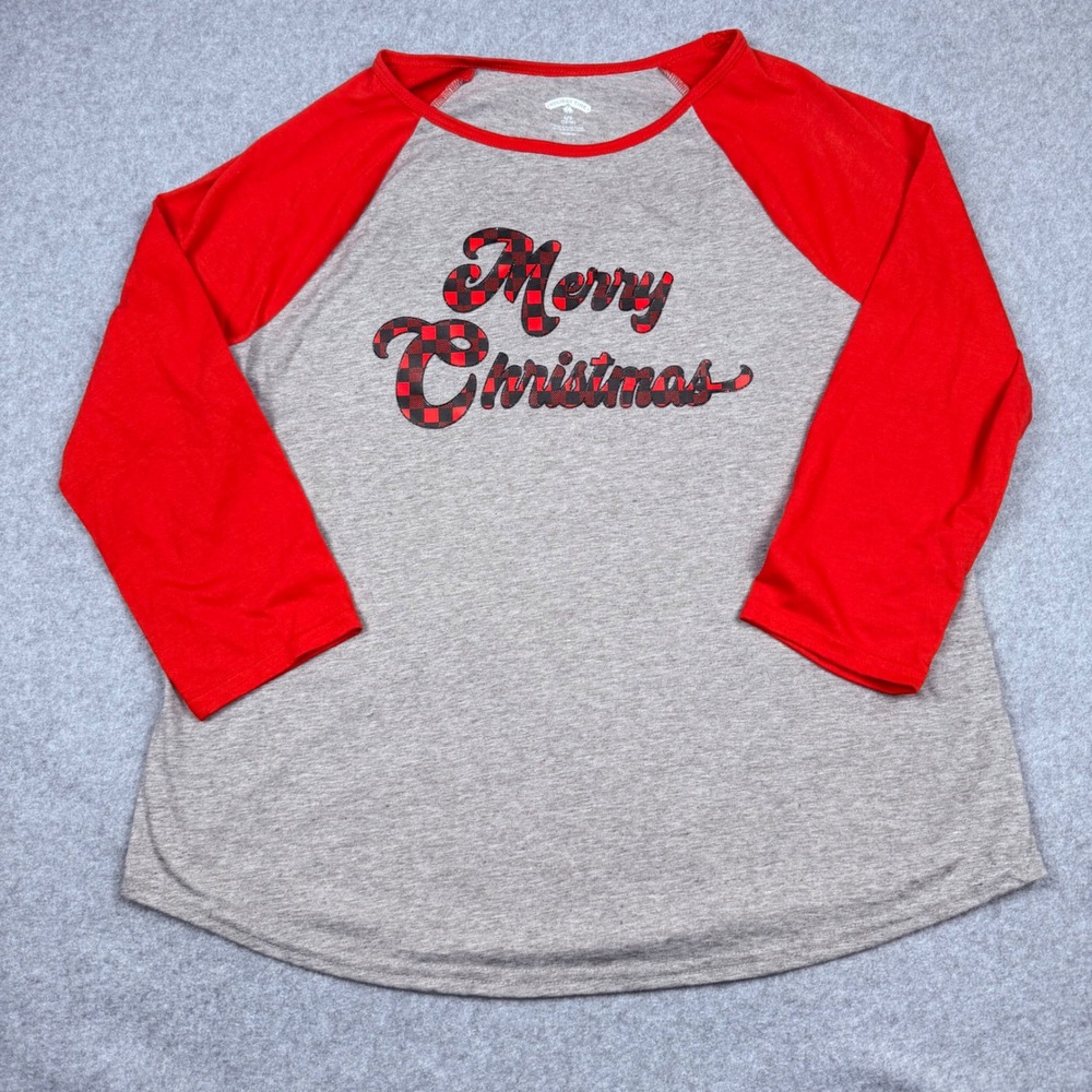 Holiday Time Women's Merry Christmas Raglan Baseball Tee Gray Red Plaid Lg 12-14